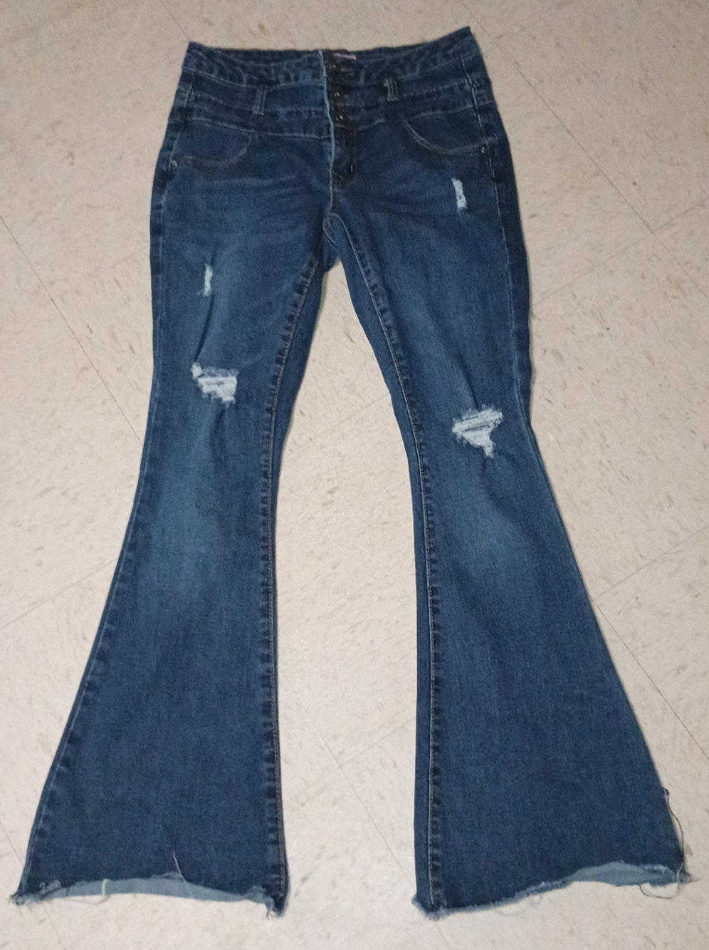 Women's Dark Blue Flare Jeans with Distressed Detail
